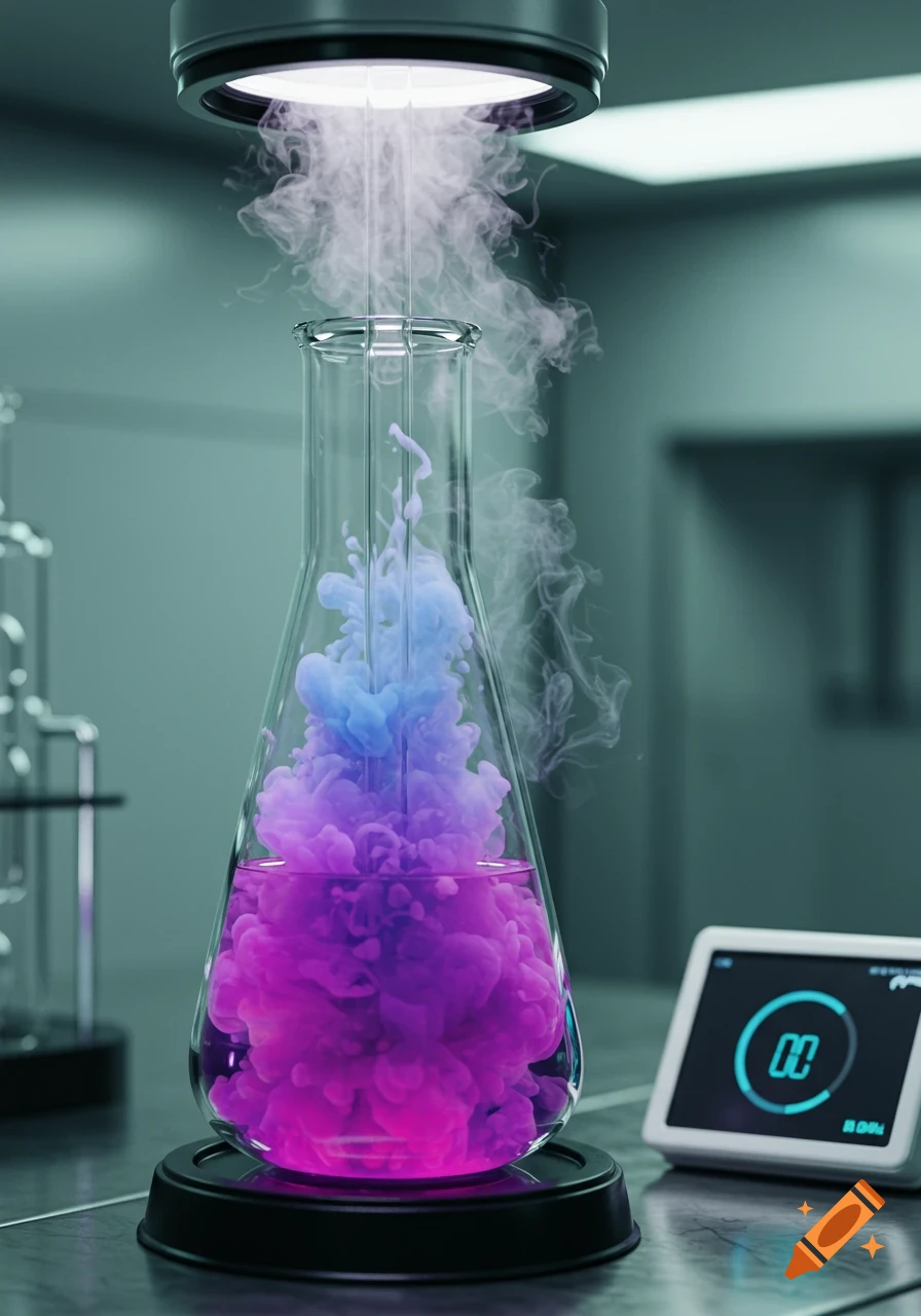 A close-up of a glass beaker filled with swirling pink and blue liquids, glowing under a light in a laboratory setting.