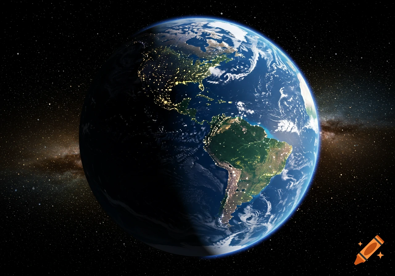 A photorealistic view of Earth from space, showing city lights on the night side and illuminated continents on the day side, set against a starry background.