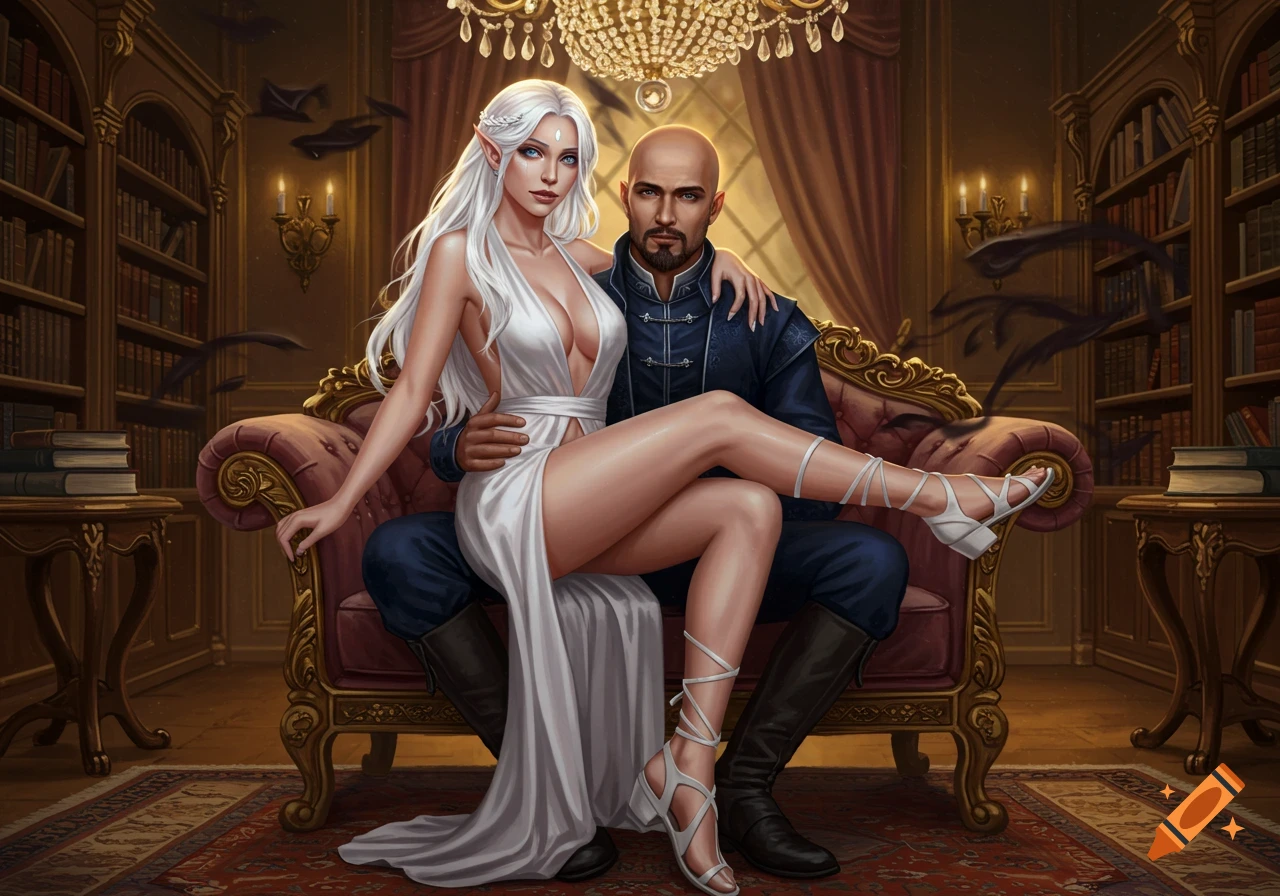 A white-haired elf woman in a white dress sits on the lap of a bald man in dark noble clothing in a lavish study.