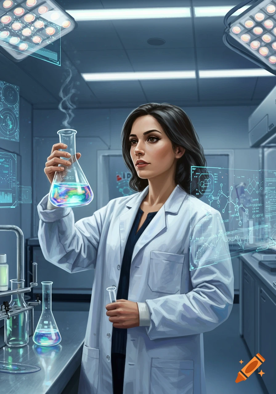 A woman in a lab coat holding a colorful beaker in a futuristic laboratory with holographic screens.