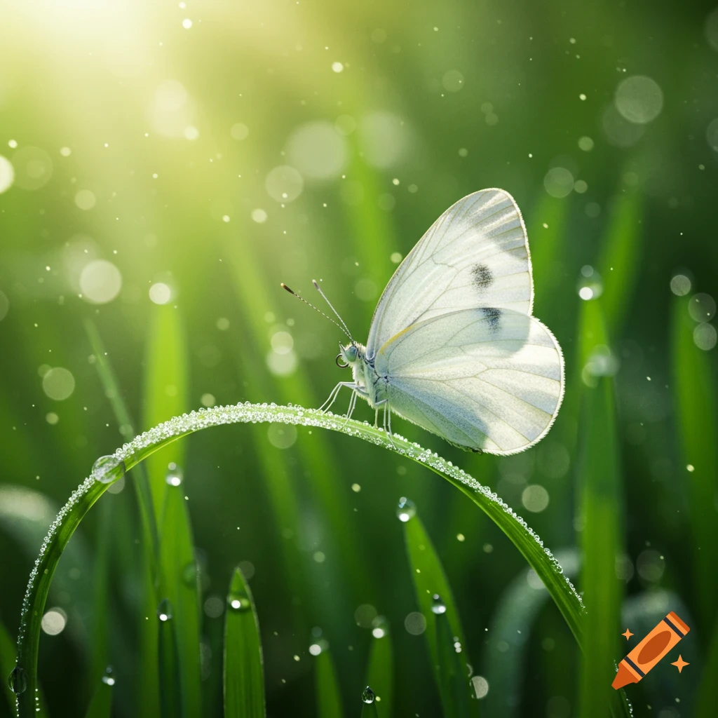 A white butterfly with black spots perched on a dew-covered blade of grass, illuminated by sunlight.