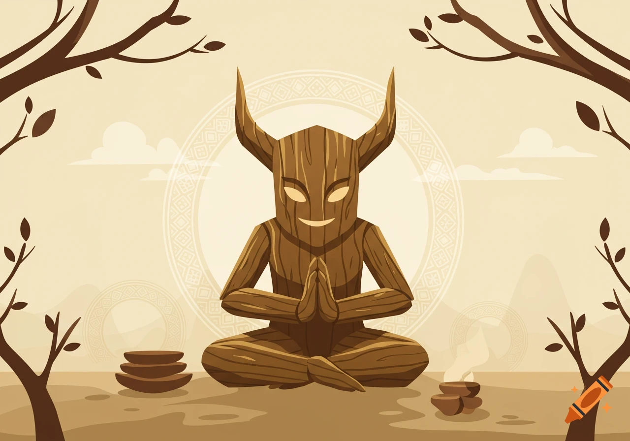 A stylized brown wooden creature with horns meditates in a cross-legged pose amidst a sepia-toned landscape with trees and faint patterns.