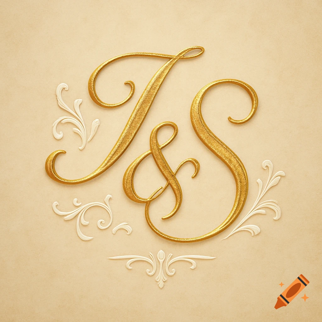 Ornate golden cursive initials 'I & S' with an ampersand, surrounded by delicate white swirling decorations on a light beige background.