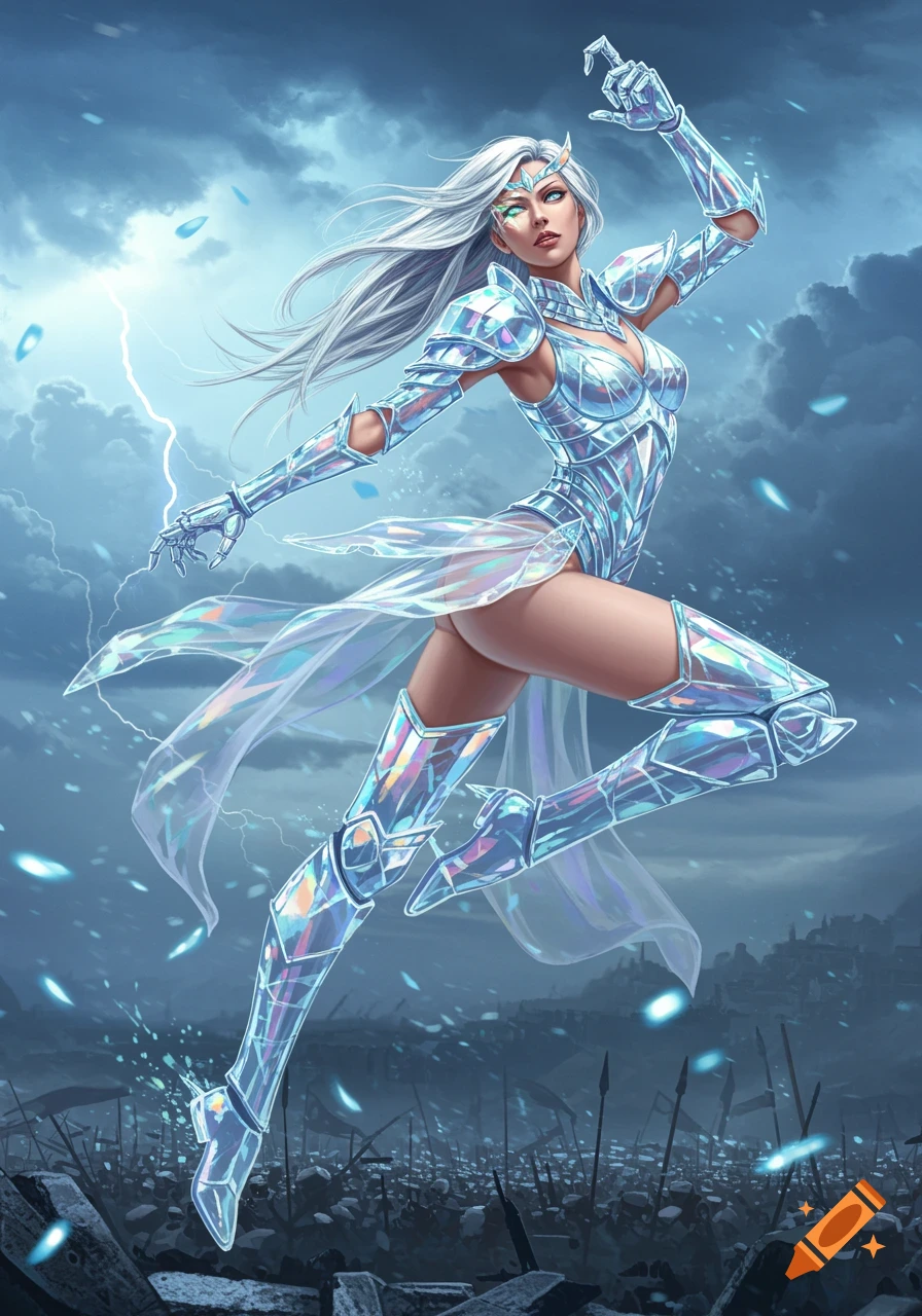 A warrior princess with long white hair in iridescent glass armor leaps, performing a kick amidst lightning and a stormy battleground.
