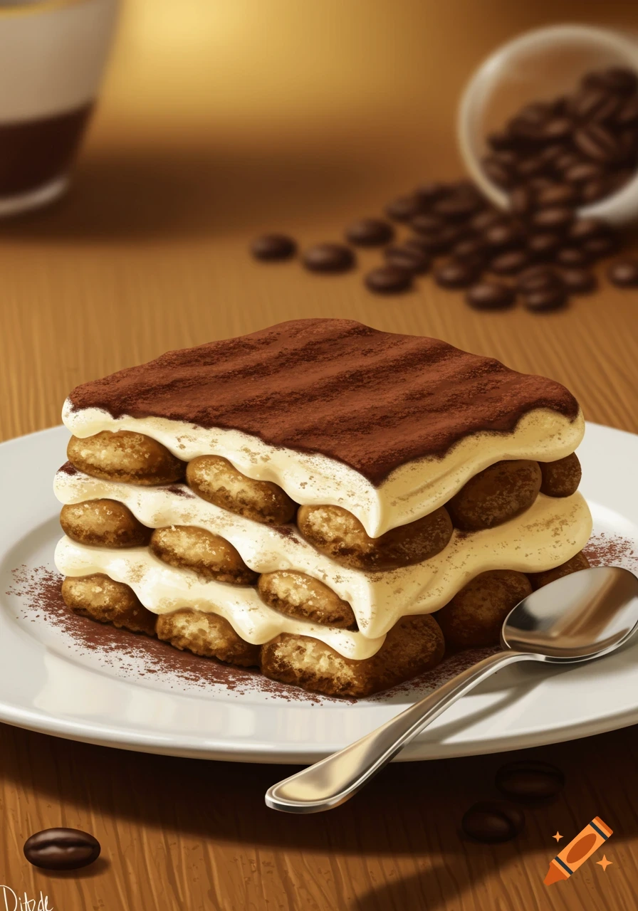 A delicious slice of tiramisu dusted with cocoa powder on a white plate with a spoon, surrounded by coffee beans on a wooden table.