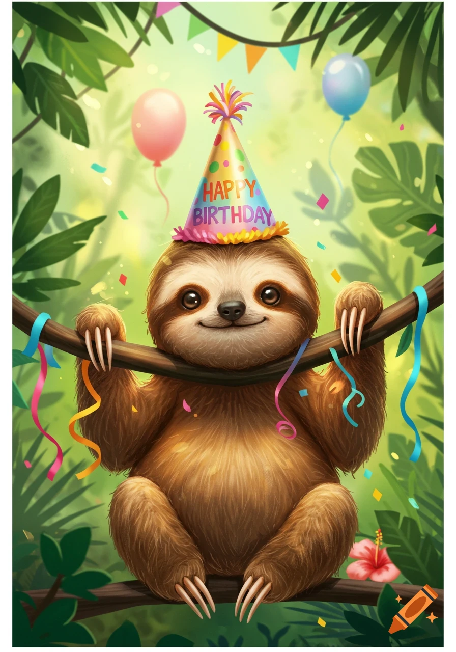 A cute cartoon sloth wearing a 'Happy Birthday' hat, sitting on a branch with colorful ribbons and confetti in a jungle setting.