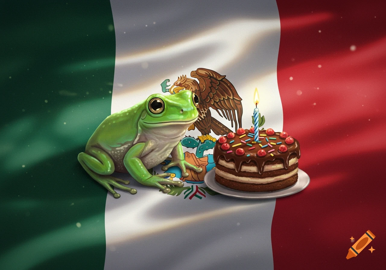 A green frog sitting next to a chocolate birthday cake with a lit candle, set against a waving Mexican flag, illustrated digitally.