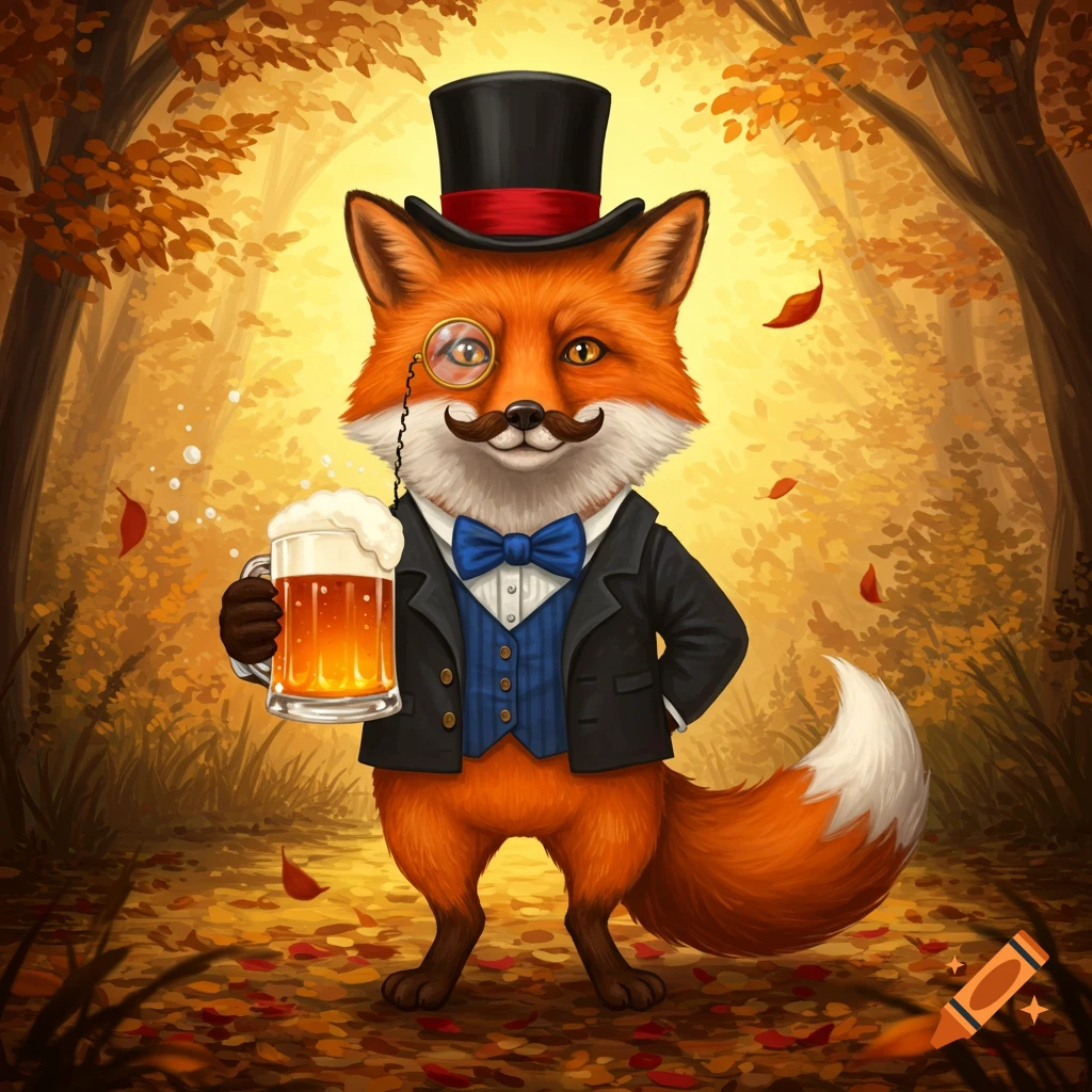 A cute anthropomorphic fox in a top hat, monocle, and blue bow tie holds a beer mug while standing in an autumnal forest.
