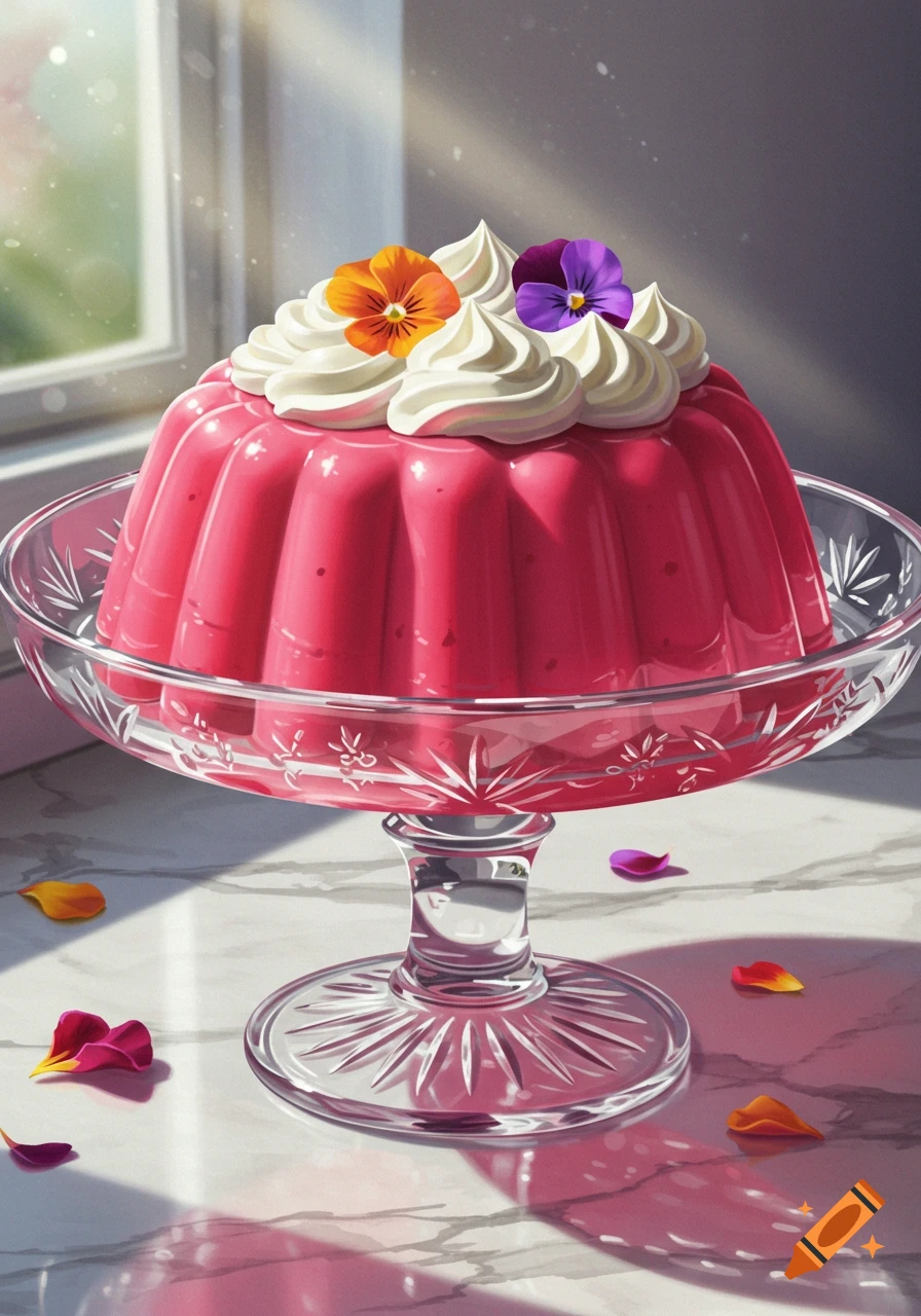 Bright pink pudding with white whipped cream and small colorful flowers on top, sitting in a glass dish on a marble counter in sunlit room.