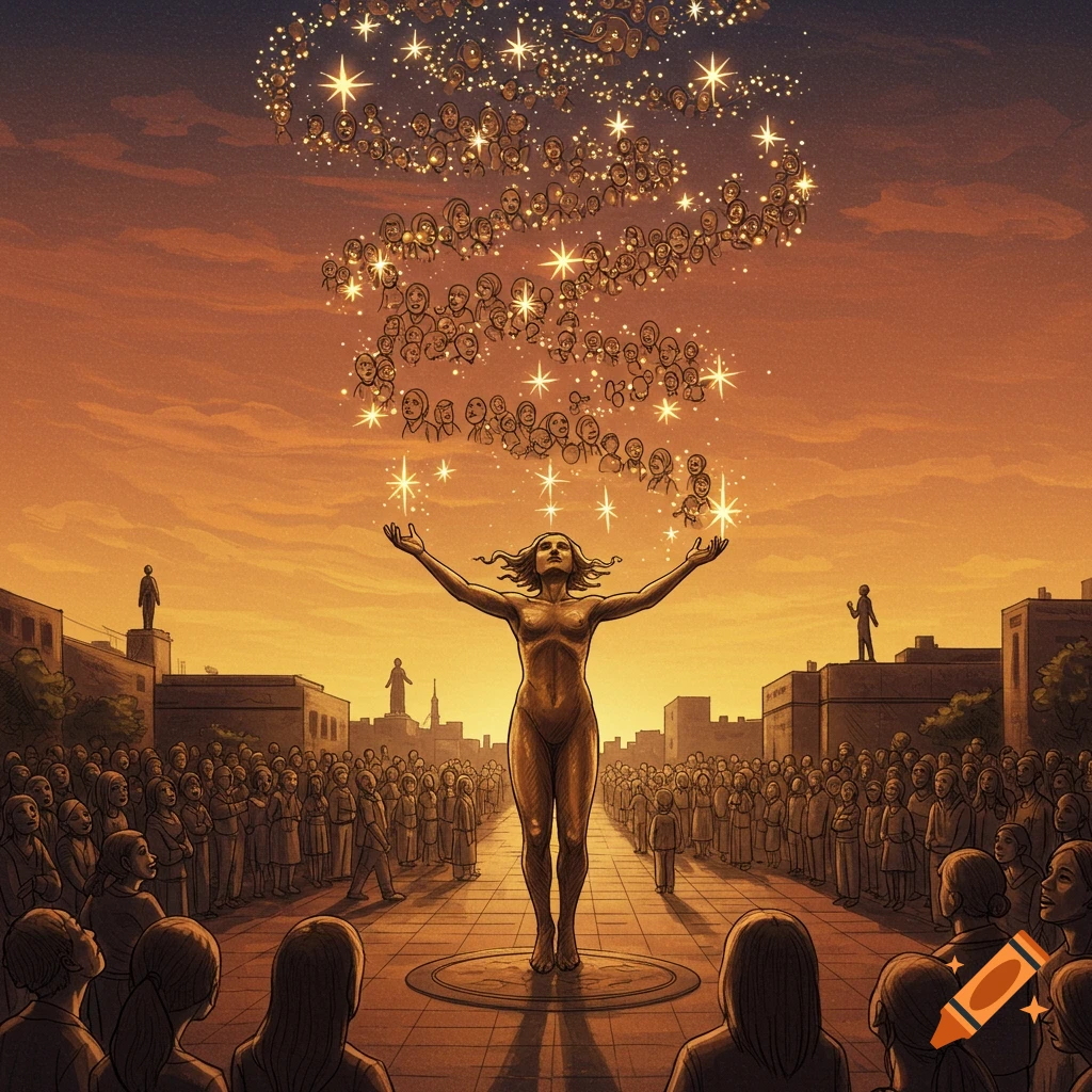 A stylized illustration of a nude woman with outstretched arms on a street, as glowing faces and stars float from her hands while a crowd watches at sunset.