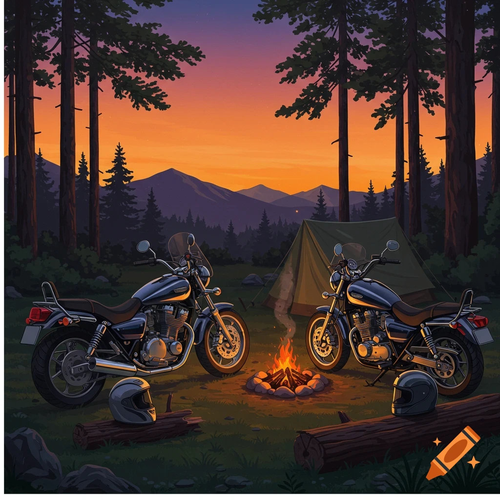 Two motorcycles parked by a campfire and tent in a forest at sunset, illustrated.