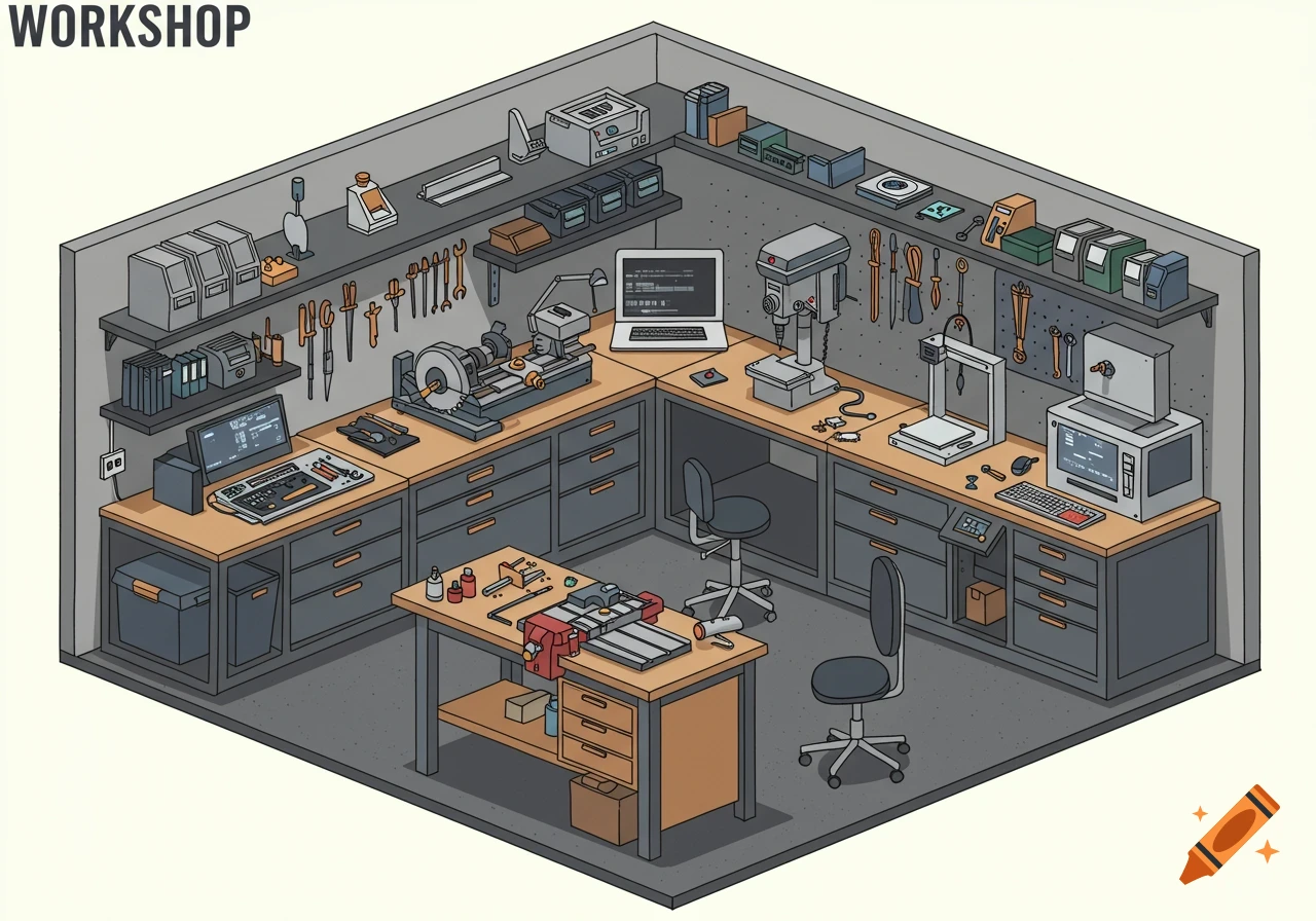An isometric illustration of a modern workshop with a lathe, drill press, 3D printer, computers, and various tools.