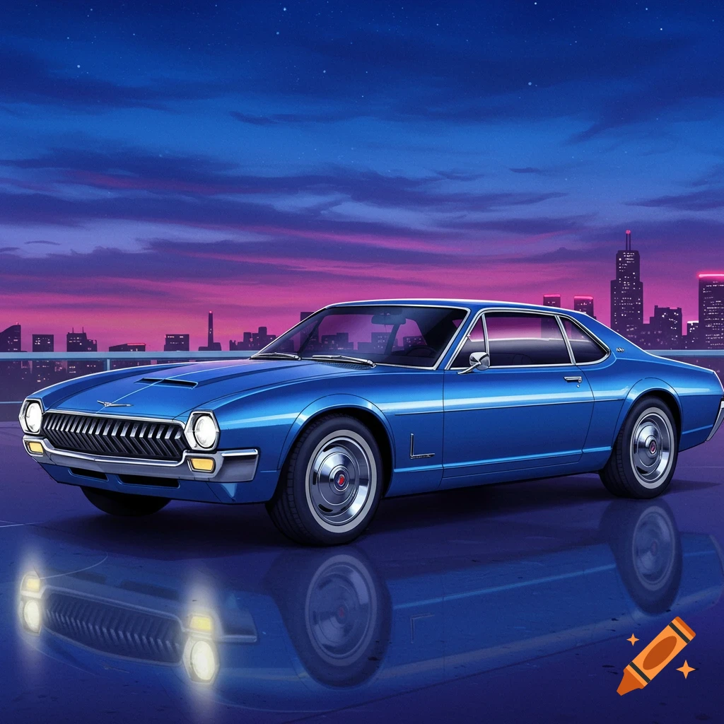 A shiny blue retro-futuristic coupe car parked on a reflective surface against a vibrant purple and blue city skyline at dusk.