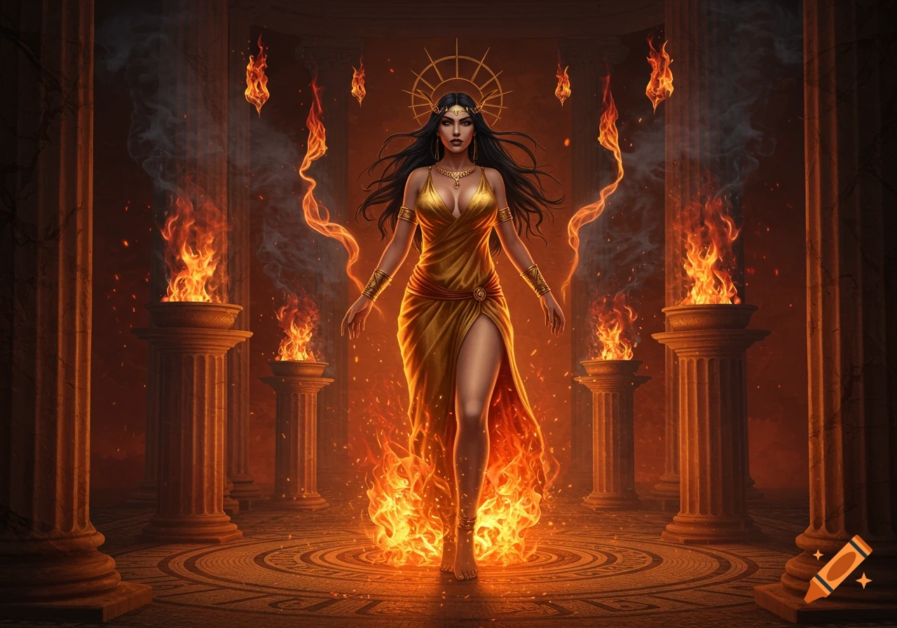 A dark-haired goddess in a golden gown stands amidst roaring flames and ancient columns.