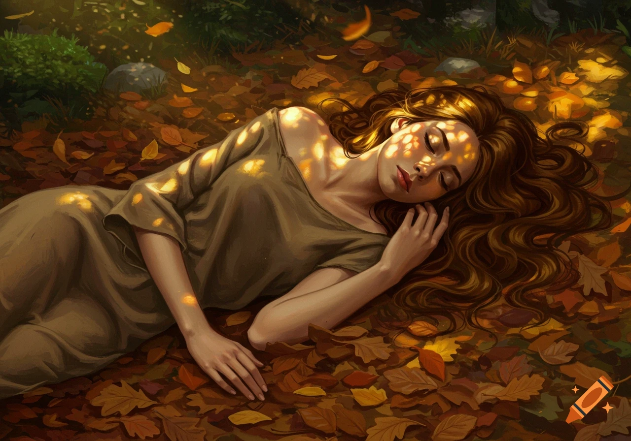 A woman in a brown tunic lies peacefully on a bed of autumn leaves in a sun-dappled forest, an artistic illustration.