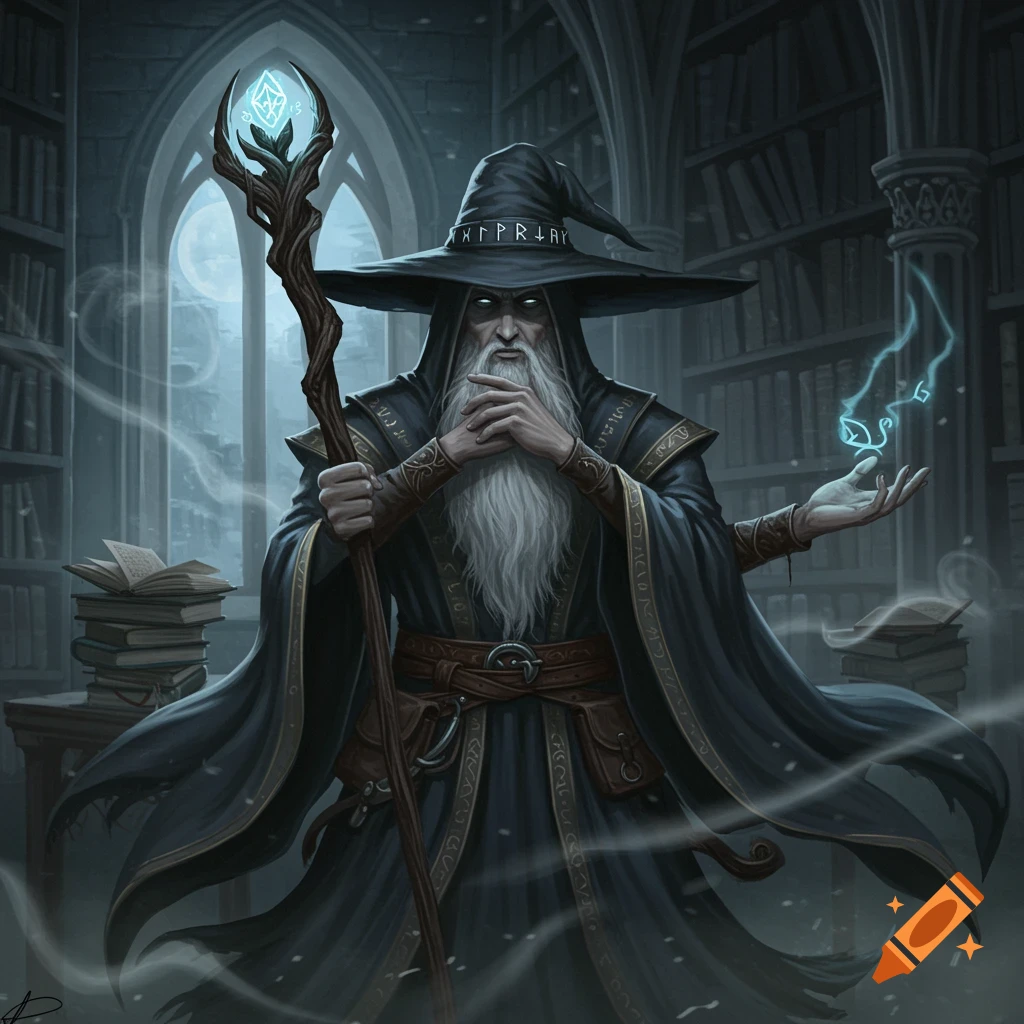 A bearded wizard in a dark robe and pointed hat, holding a staff with a glowing crystal, standing in a dim library with magical energy emanating from his hand.