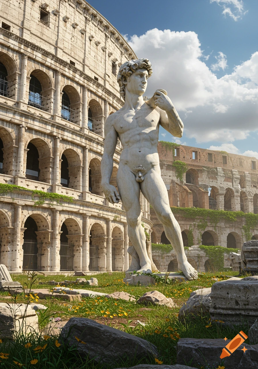 Photorealistic statue of David stands in grassy ruins before the Roman Colosseum under a bright sky.