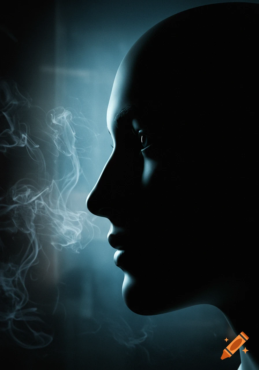 A stylized, monochromatic profile of a head emerging from deep shadow, with swirling white smoke on the left.