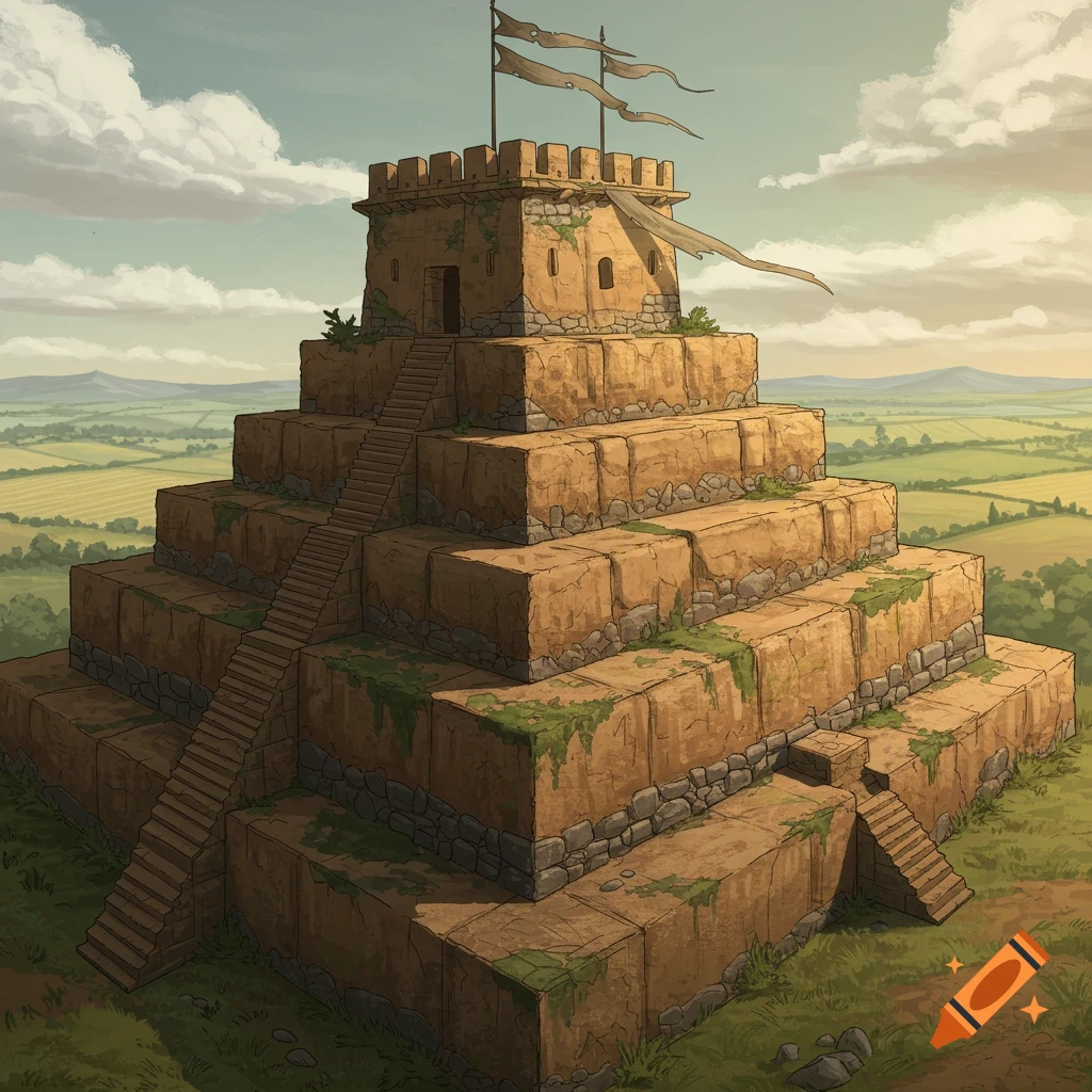 A detailed drawing of a medieval watchtower on a ziggurat-style pyramid, made of earthen blocks, overlooking a green landscape.