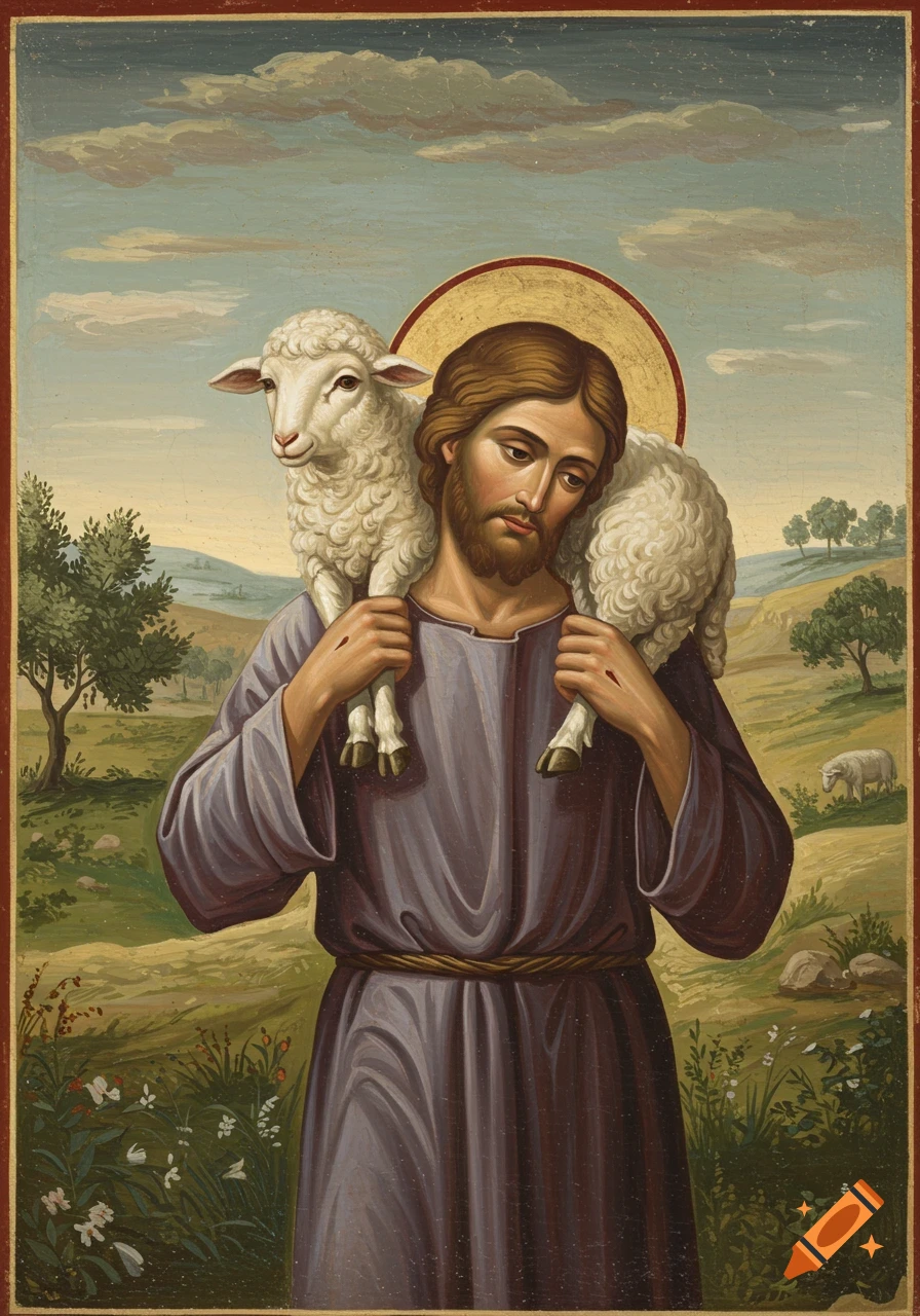 A man with a halo and purple robe carries a sheep on his shoulders in a pastoral landscape, painted in the style of religious iconography.