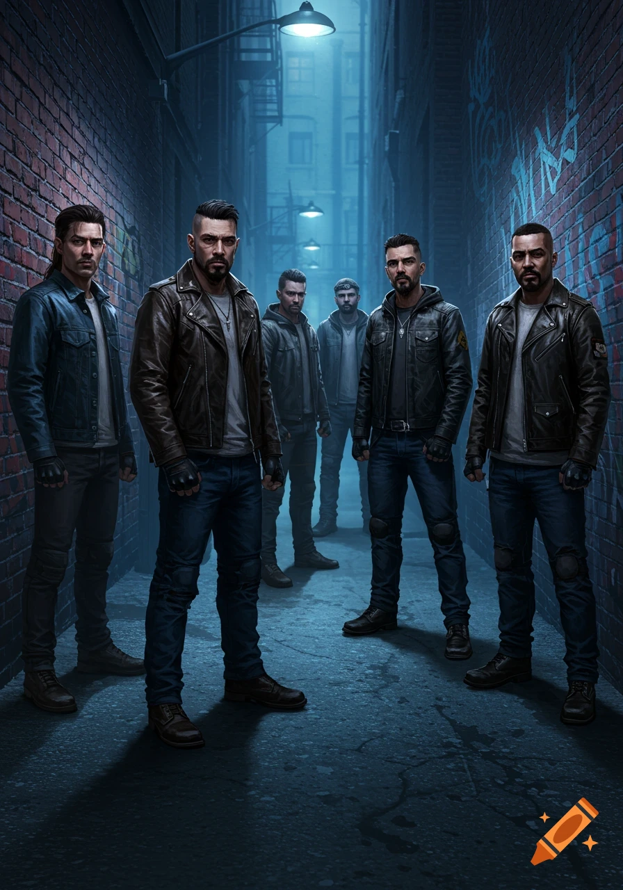 A group of tough-looking men in leather jackets and jeans standing in a dark, graffiti-covered urban alley under a street lamp.