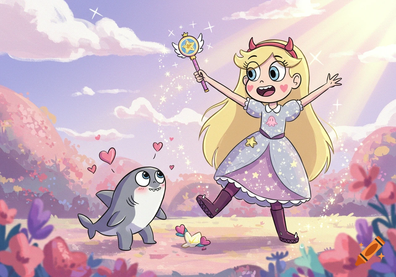 Star Butterfly, with her wand and a happy expression, stands next to an adorable land shark in a colorful, whimsical landscape.