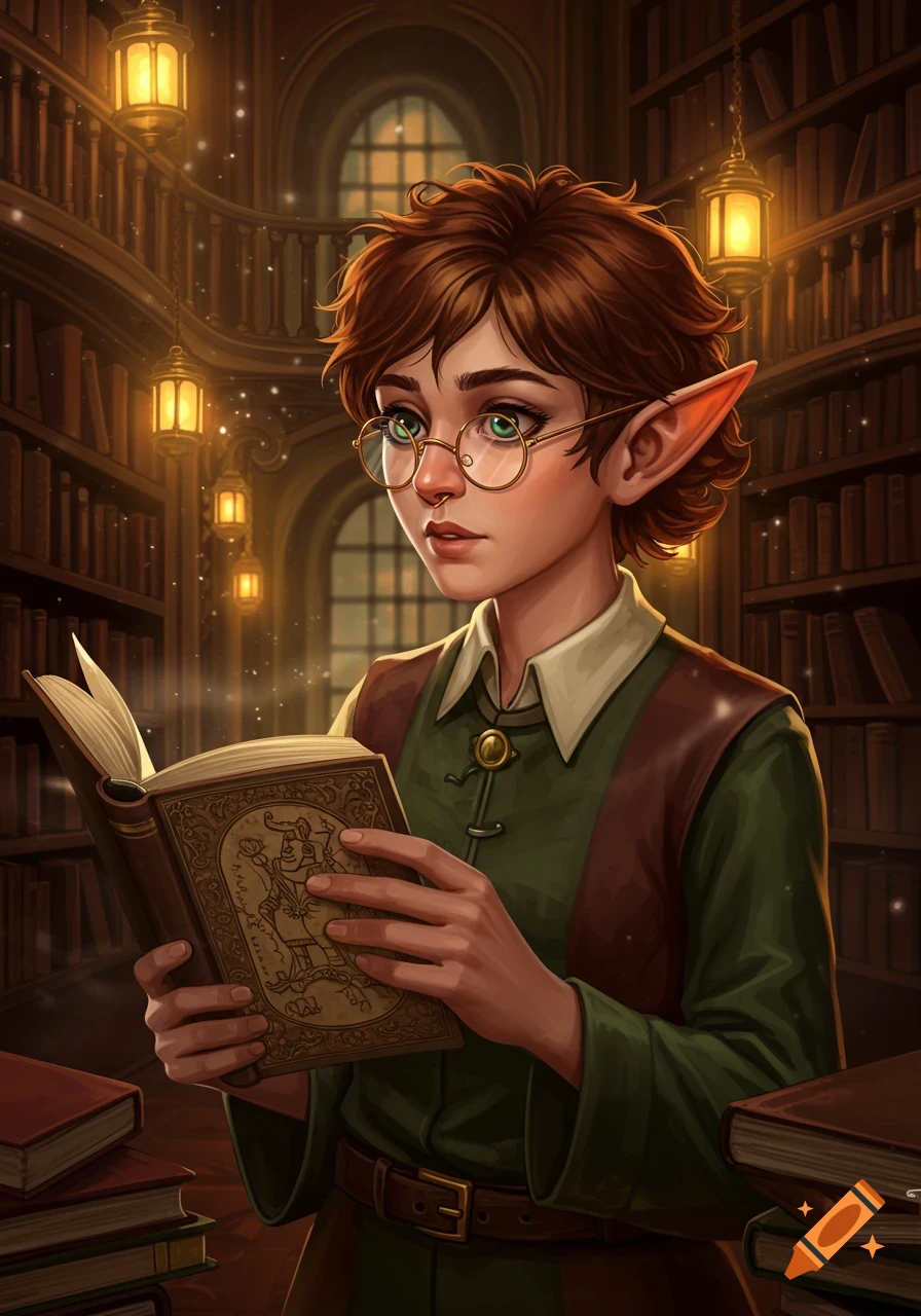 An elf character with brown hair and round glasses reads a book in a warmly lit, grand library.
