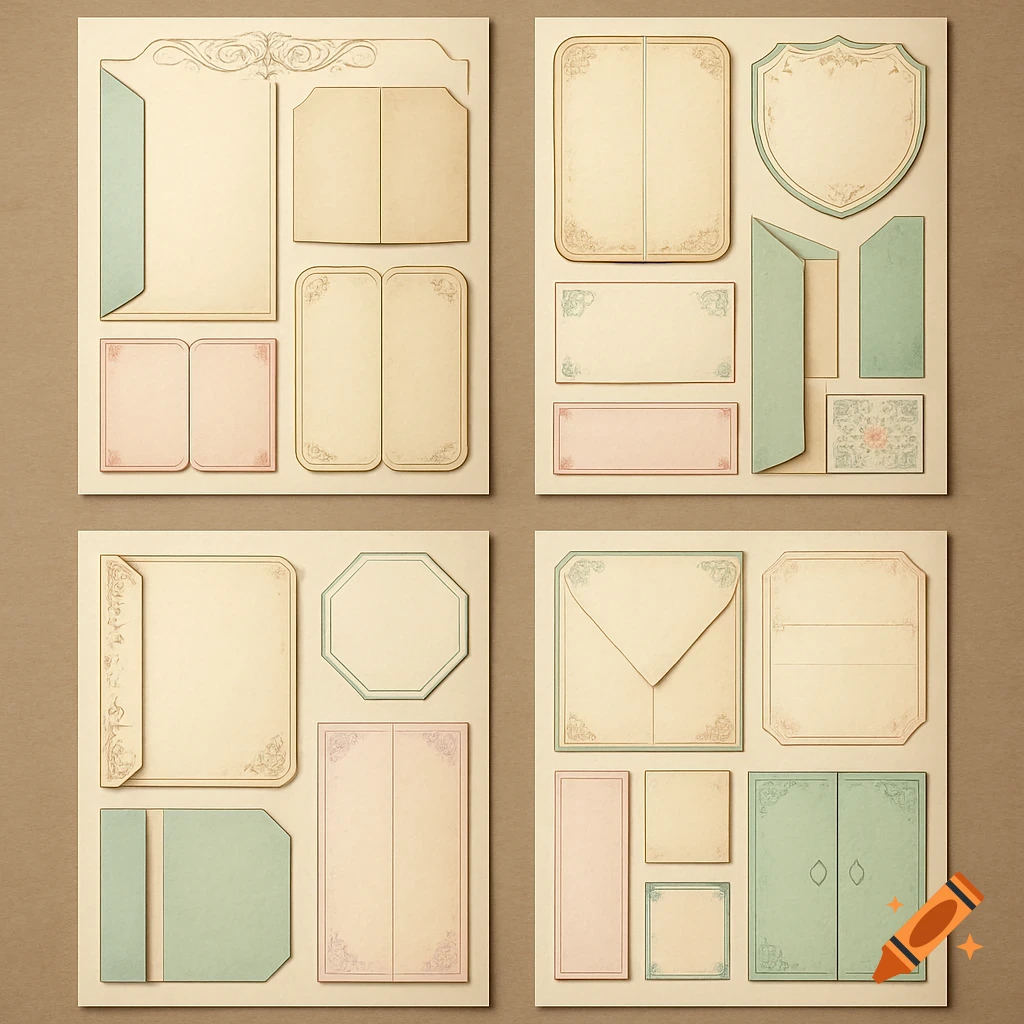 A collection of vintage-style paper craft templates in cream, pink, and mint green, featuring envelopes, cards, and decorative shapes.