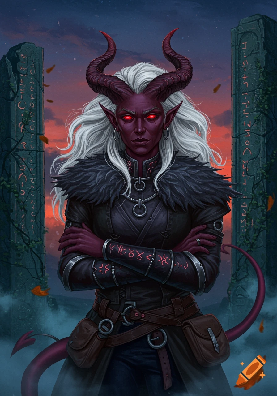 A serious female tiefling with purple skin, red glowing eyes, white hair, and large horns, stands in dark clothing with a fur collar, amidst ancient stone pillars.