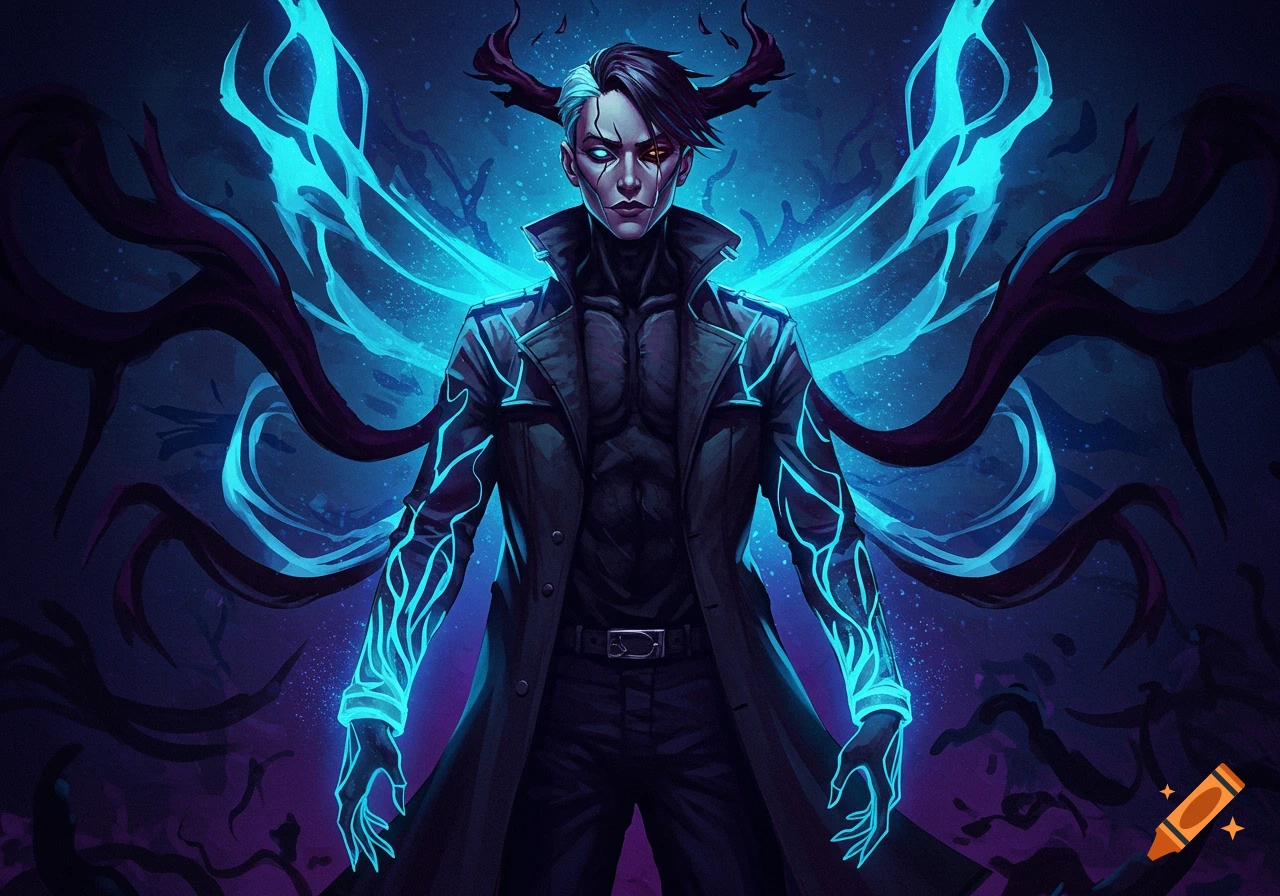 A dark fantasy digital art illustration of a male character with horns, glowing blue eyes and energy, wearing a trench coat.