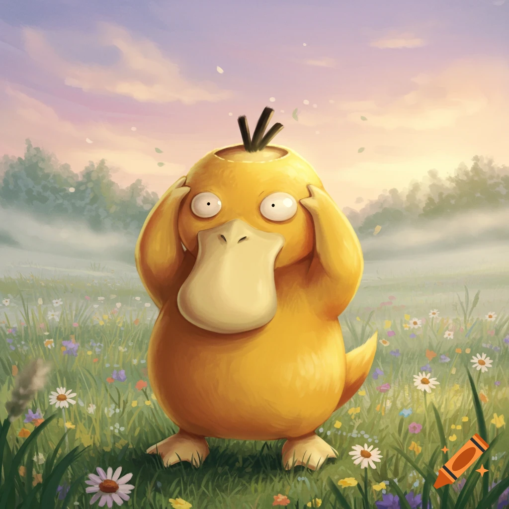 A wide-eyed Psyduck stands in a field of colorful wildflowers under a soft, cloudy sky at sunset, with its hands on its head.