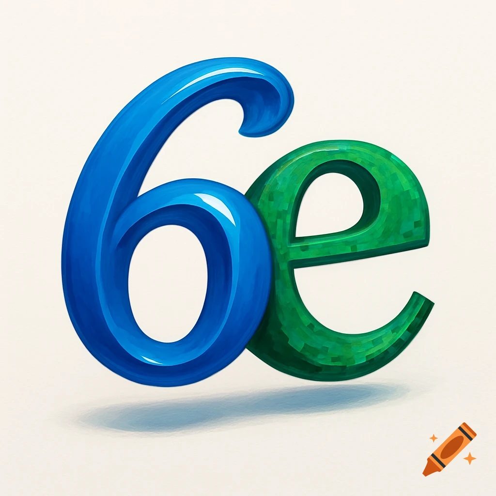 A glossy blue number 6 next to a textured green letter e, floating above a white background.