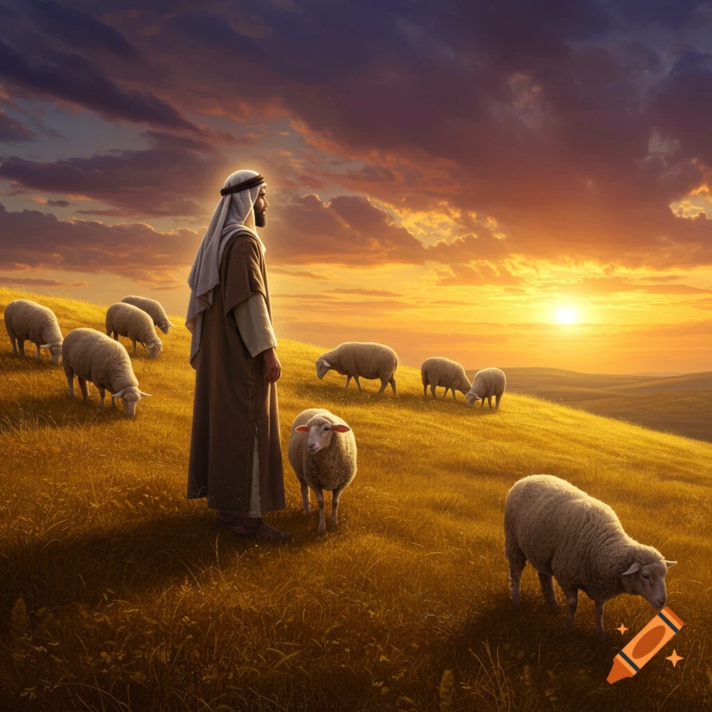 A shepherd in Middle Eastern attire stands among sheep on a hillside at sunset, gazing into the golden horizon. Photorealistic style.