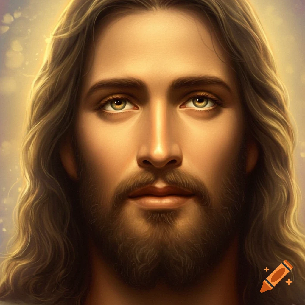 Close-up portrait of Jesus with long hair and beard, illuminated by a golden light.