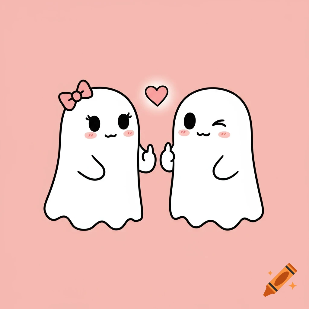Two cute cartoon ghosts, one with a bow, facing each other, holding hands and making a playful gesture, with a heart between them on a pink background.
