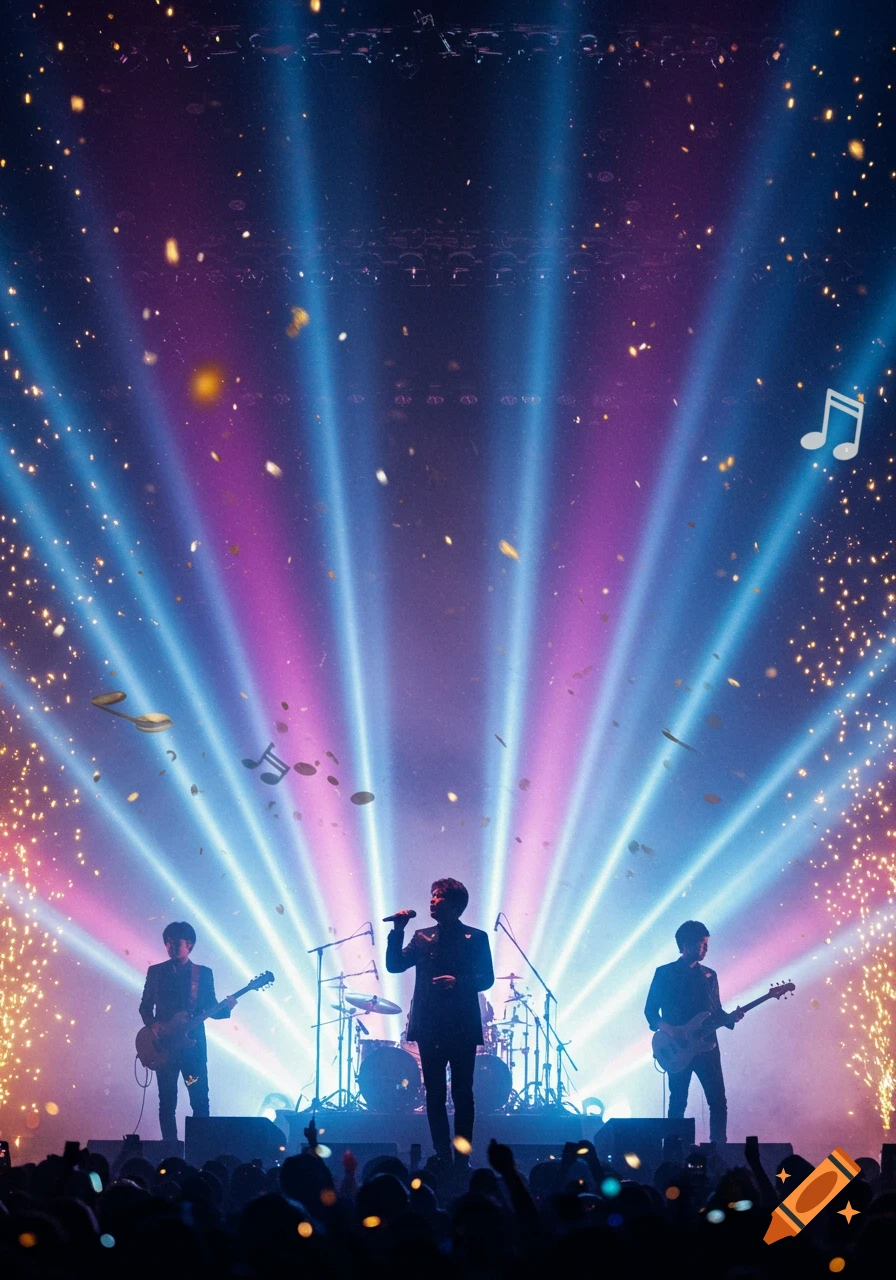 A band performs on stage amidst vibrant blue and purple concert lights, with golden sparks and musical notes floating around.