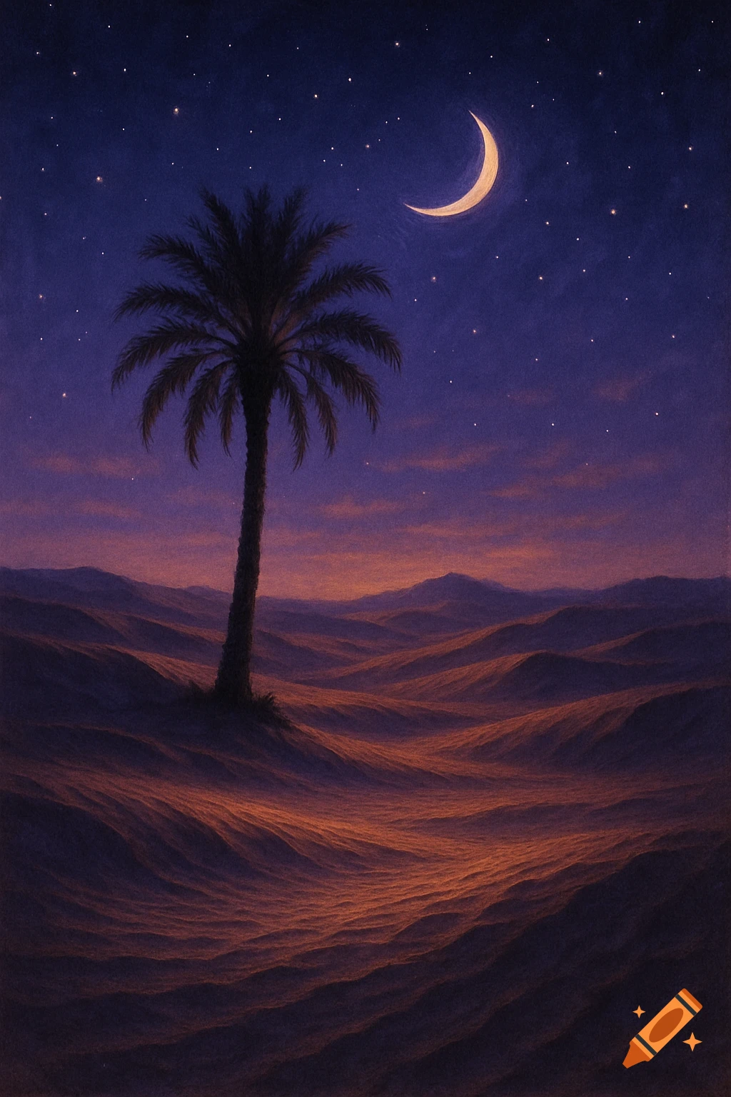A stylized painting of a lone palm tree silhouetted against a vibrant purple and orange desert landscape at night, with a crescent moon and many stars in the sky.