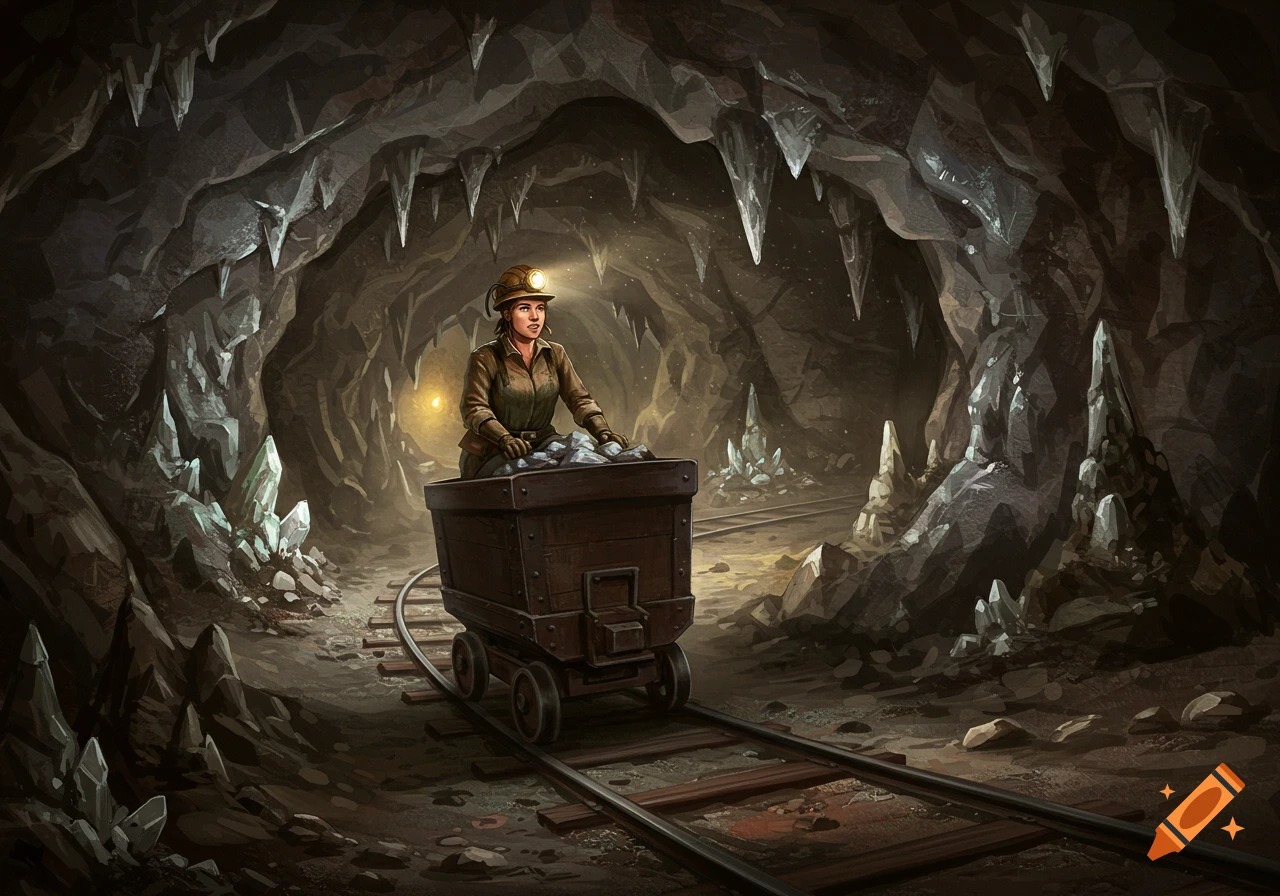 A woman miner in a helmet with a headlamp rides a mine cart full of ore on tracks inside a dark, crystalline cave.