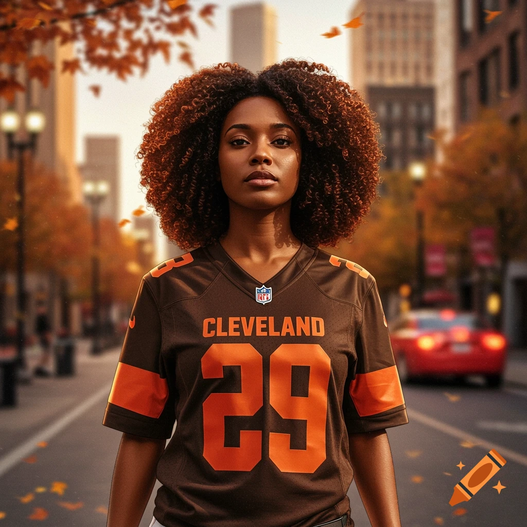 Photorealistic image of a woman with curly hair wearing a brown Cleveland Browns football jersey with "CLEVELAND" and "29" on it, standing on a city street in autumn.
