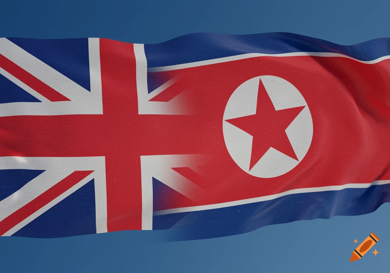 A combined flag, featuring the Union Jack on the left and the North Korean flag on the right, waving against a blue sky.