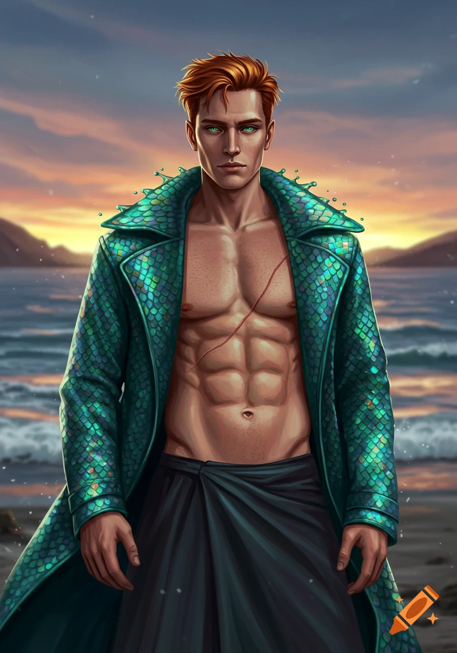 Digital art illustration of a shirtless, muscular red-haired man with a scar, wearing a teal scaly coat, standing by the ocean at sunset.