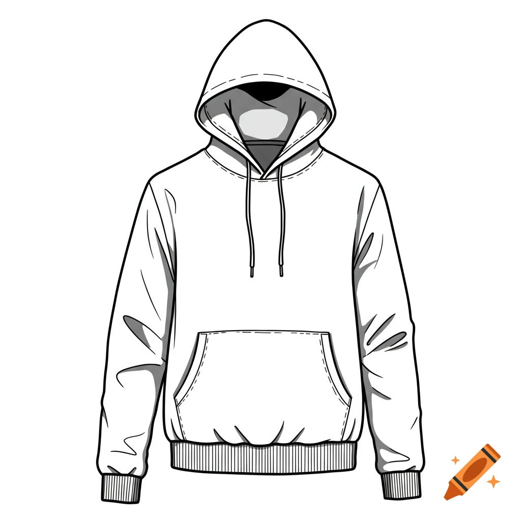 A front view line art illustration of a white hoodie with shading.