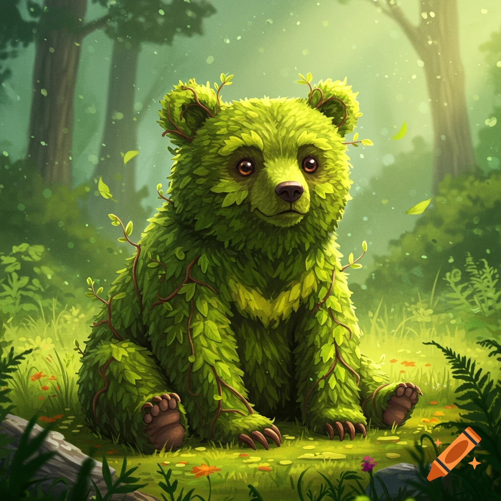 A whimsical bear made of green leaves and vines sits in a lush, sunlit forest clearing.