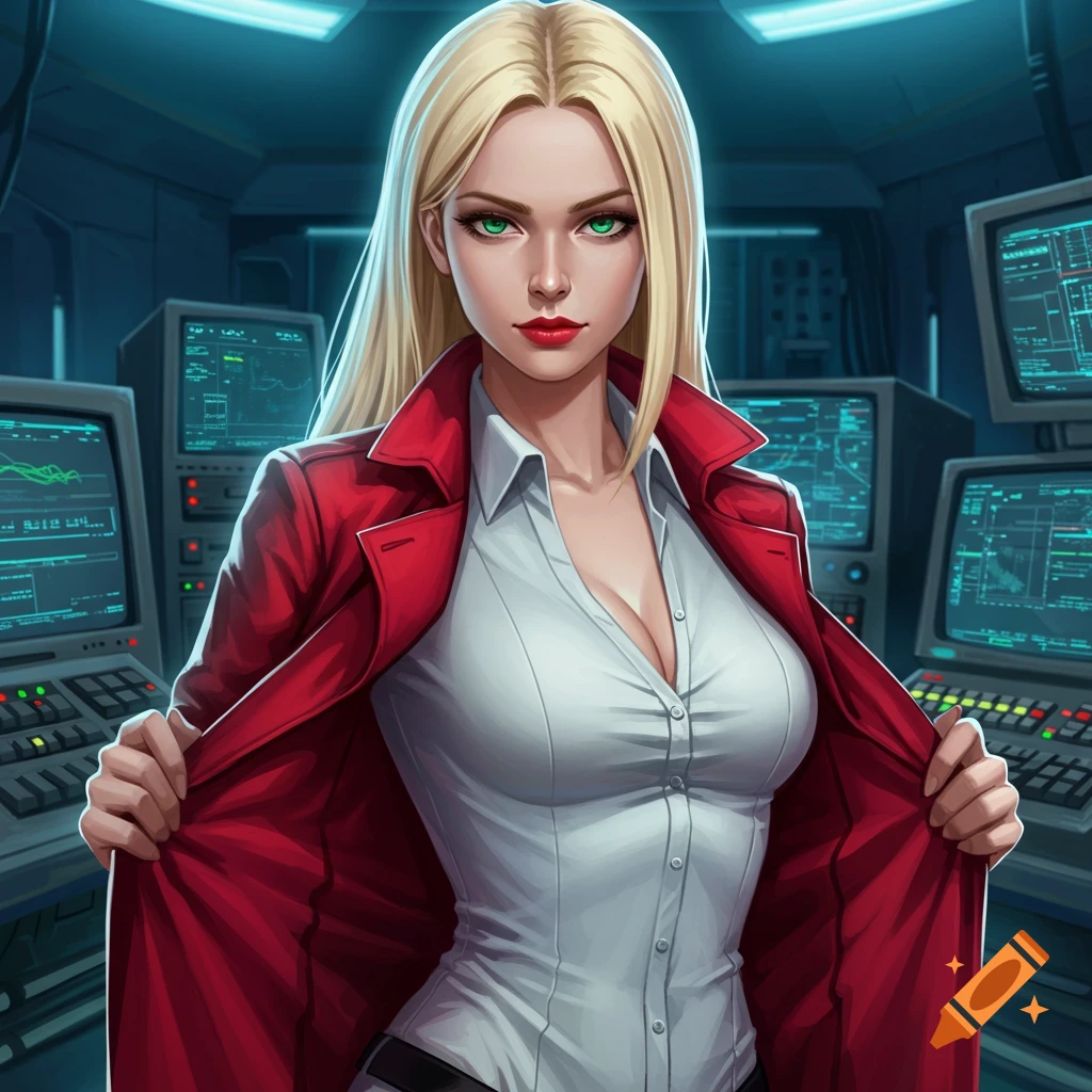 A blonde woman with green eyes and red lips in an anime-style, wearing a white shirt and open red trench coat, stands in a futuristic control room with glowing computer screens.