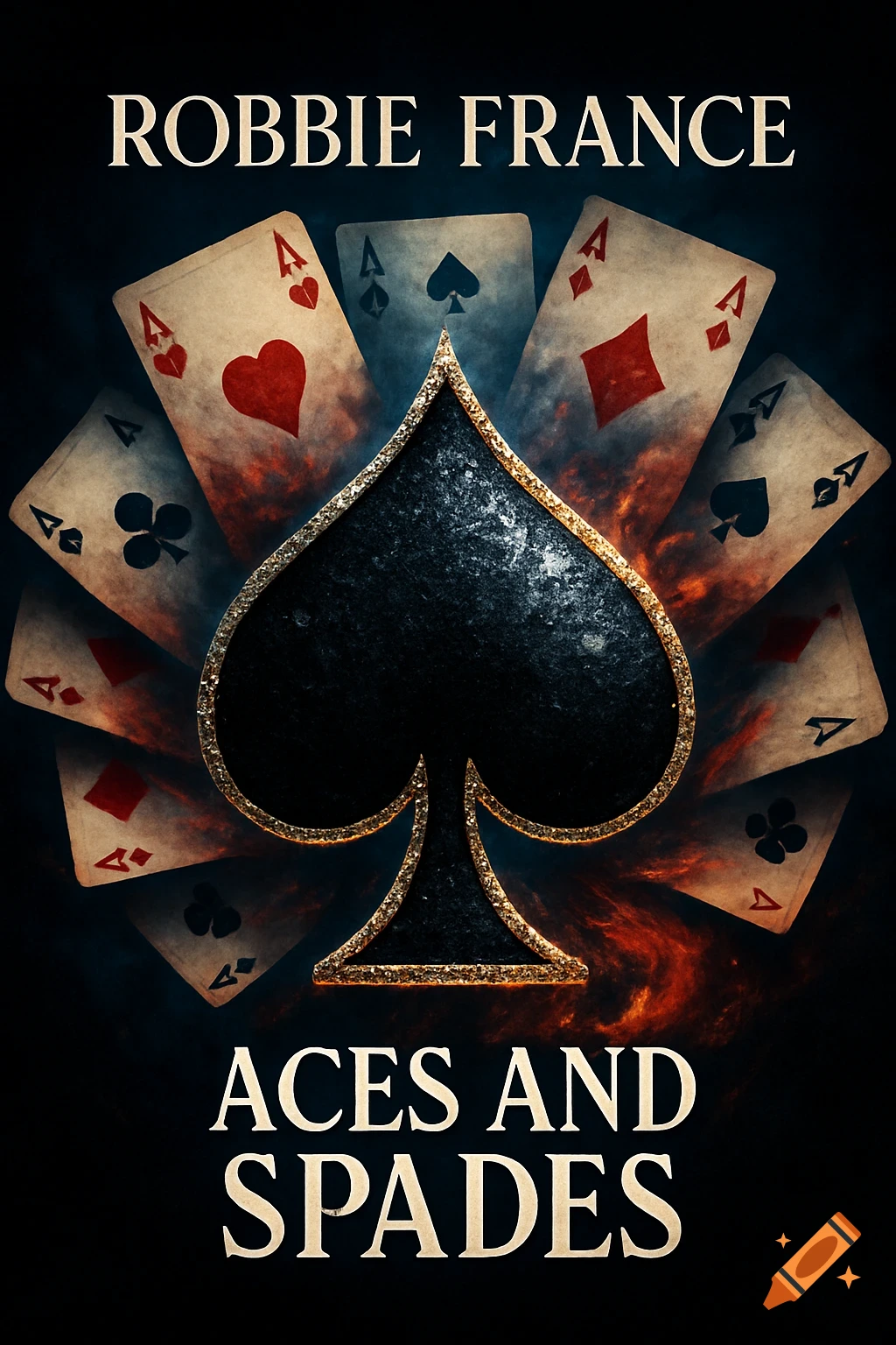 A stylized black spade symbol with a gold glitter outline, surrounded by a fan of playing card aces, including hearts, diamonds, clubs, and spades, against a dark, smoky background. Text reads "ROBBIE FRANCE" at the top and "ACES AND SPADES" at the bottom.