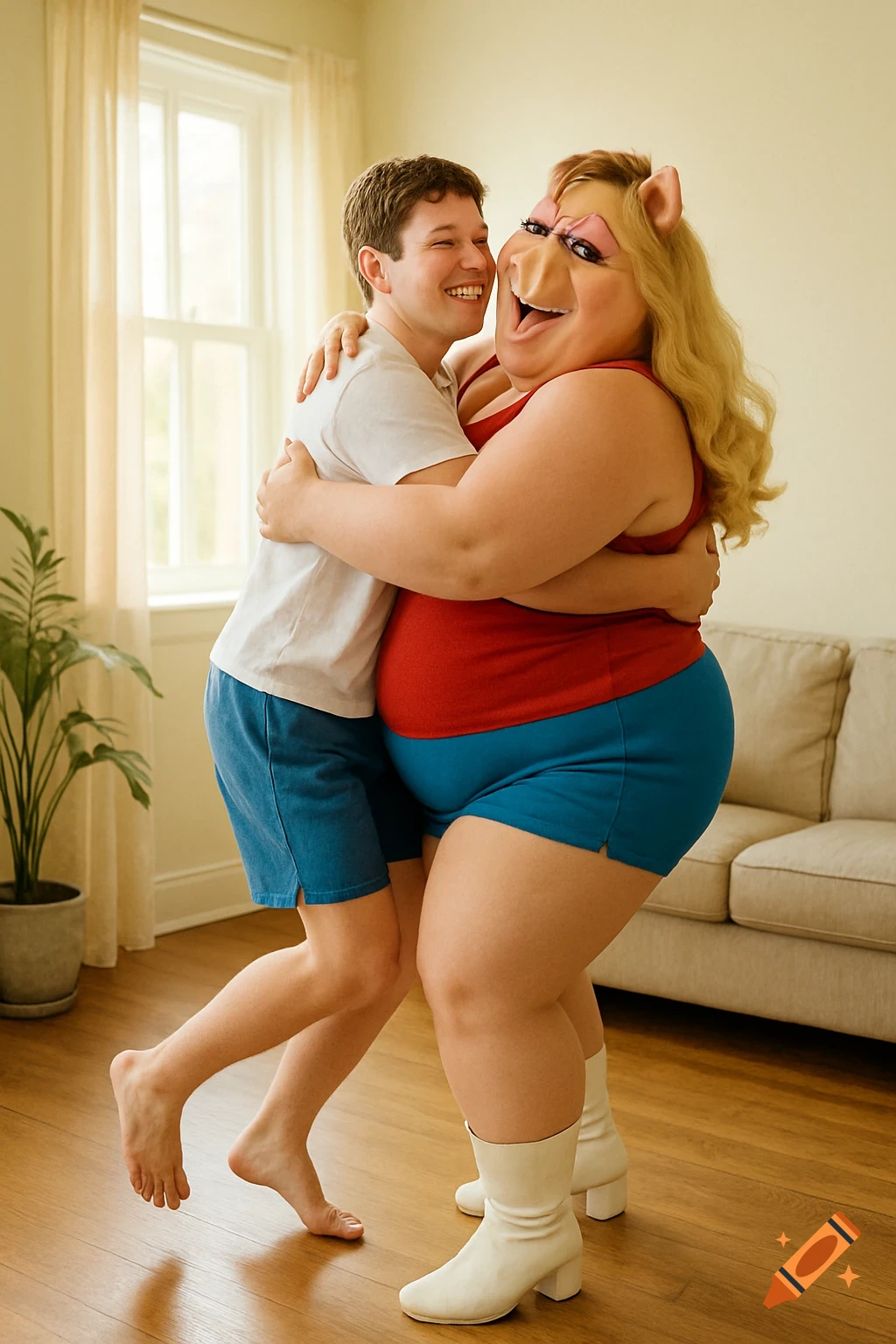 A man and a woman dressed as Miss Piggy hugging in a bright room, she lifts him in a powerful embrace.