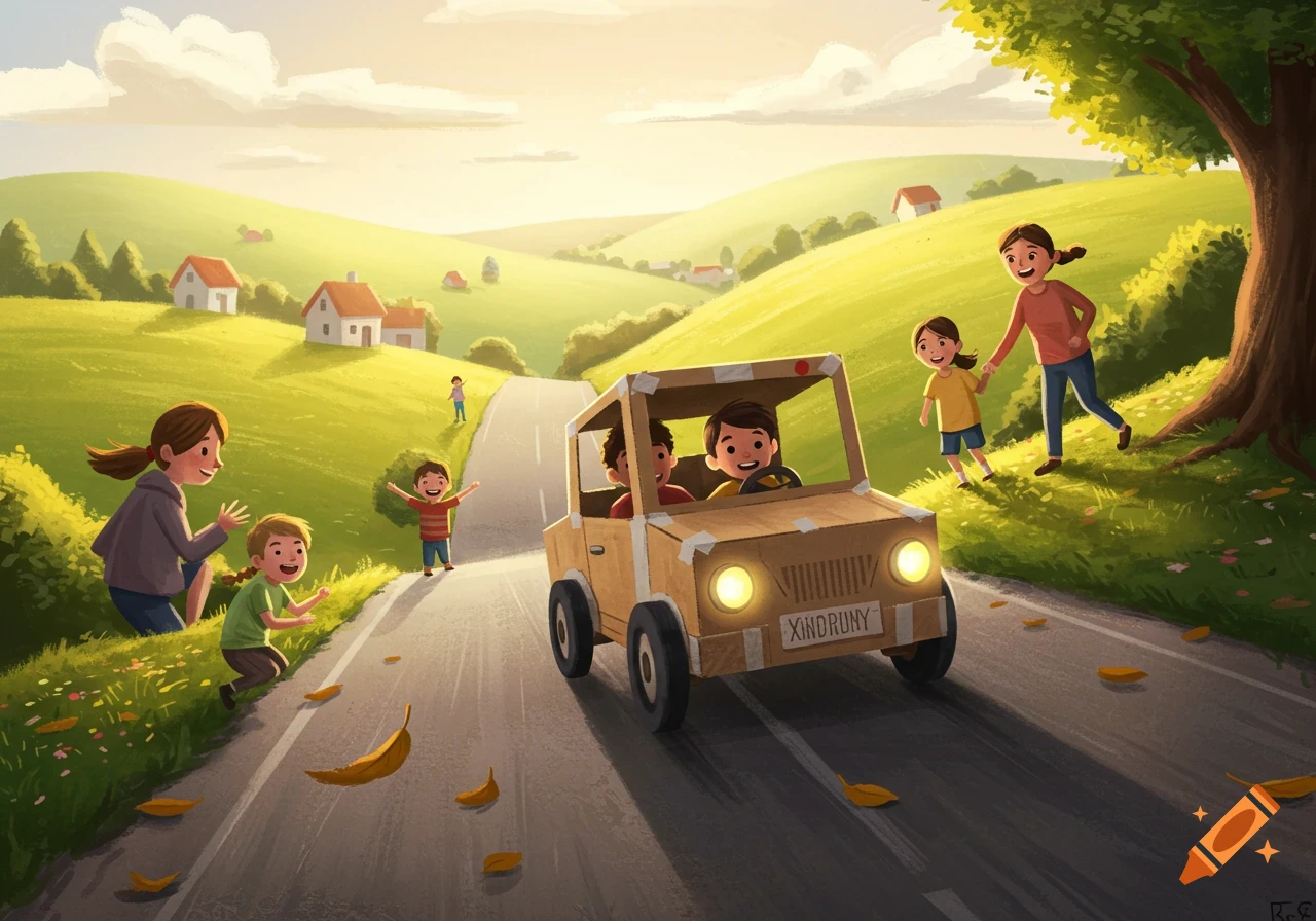 A bright illustration of children playing with a cardboard car on a country road, with adults watching.