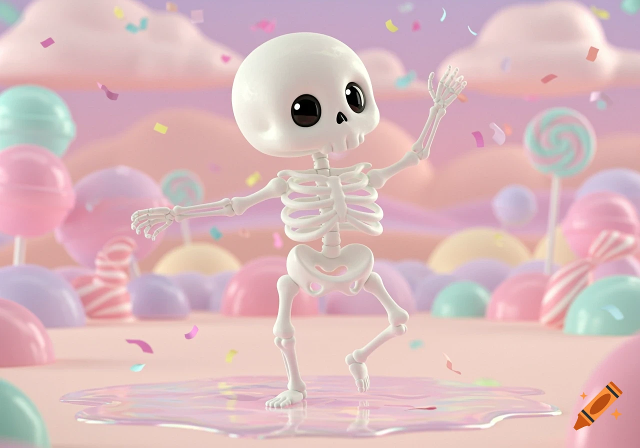 A cute 3D cartoon skeleton dances in a pastel candy landscape with lollipops and falling confetti.