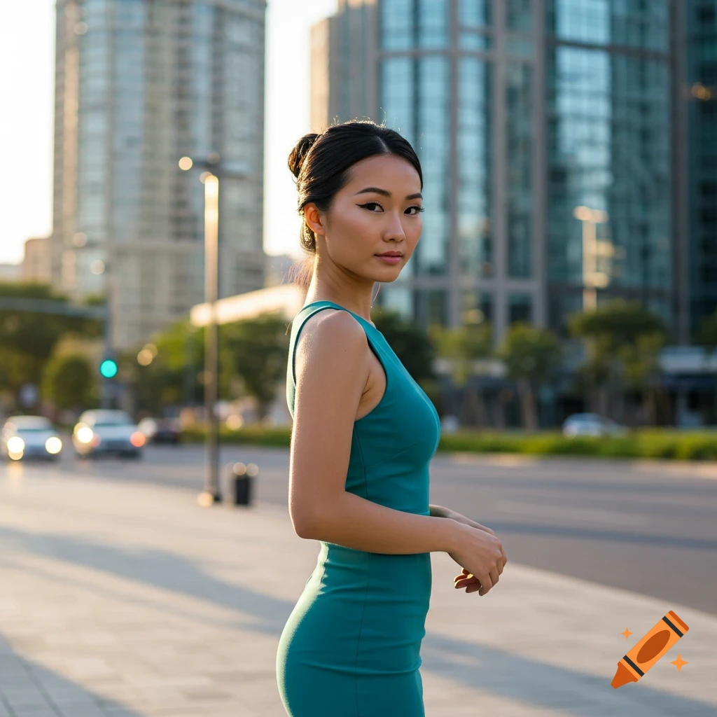 A photorealistic portrait of an Asian woman in a teal dress standing on a city street with tall buildings in the background.