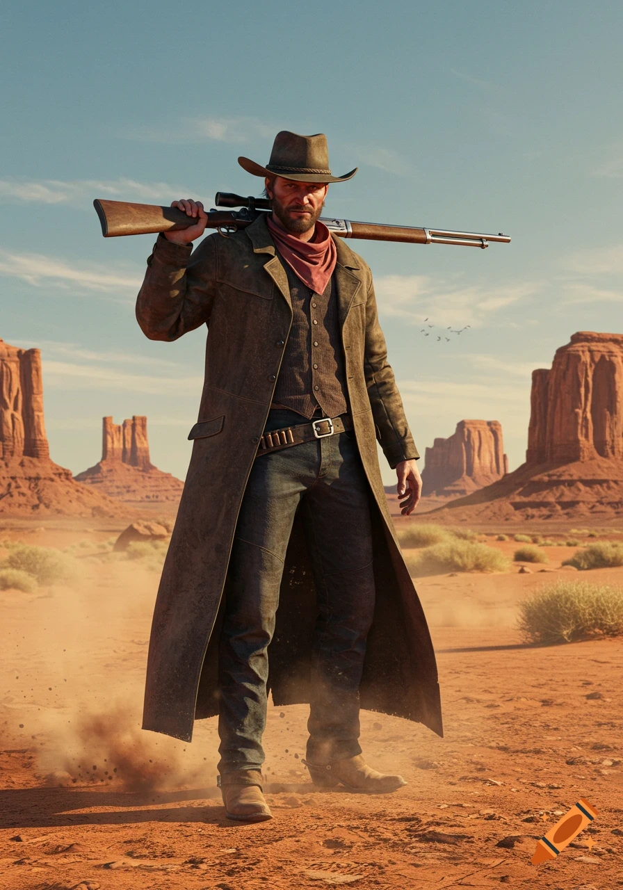 A rugged cowboy in a duster coat and hat, holding a rifle over his shoulder, stands in a desert with mesas under a clear sky.